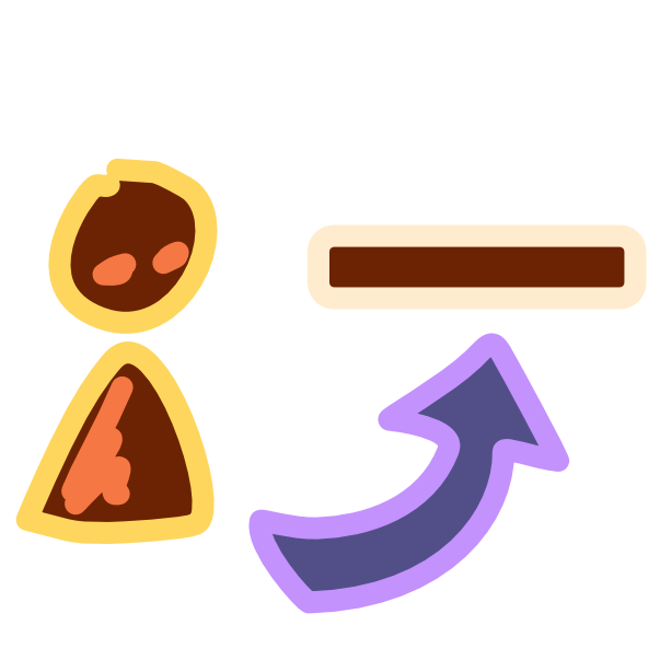 A brown figure with yellow line art stands next to a brown rectangle. Below the rectangle is a curved purple arrow pointing from the figure to the rectangle. The image has light line art